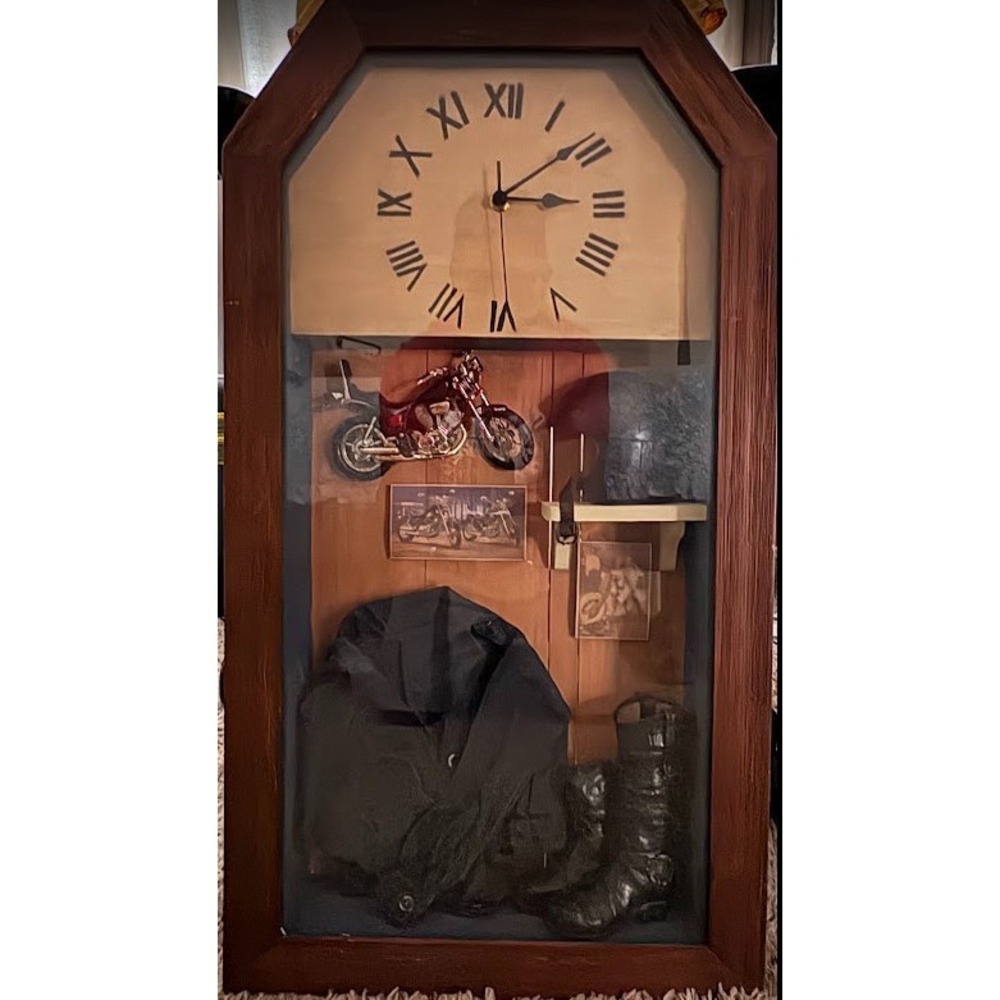 Vintage Motorcycle Diorama Shadowbox Wall Clock Biker Man Cave Decor Wood Frame